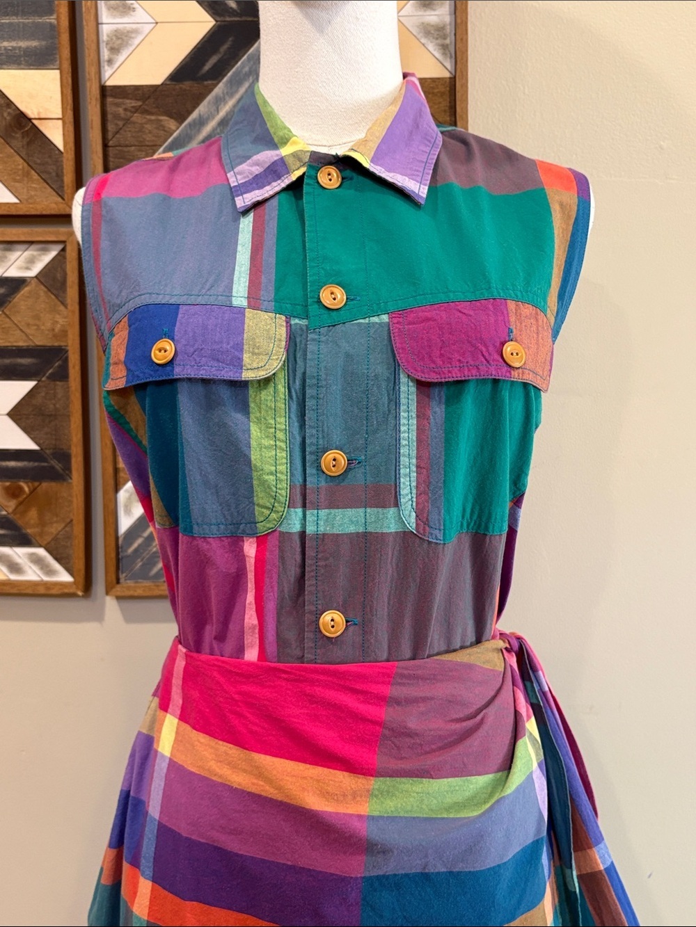 Vintage Ralph Lauren Country Madras Plaid Cotton Sleeveless Button Front Top